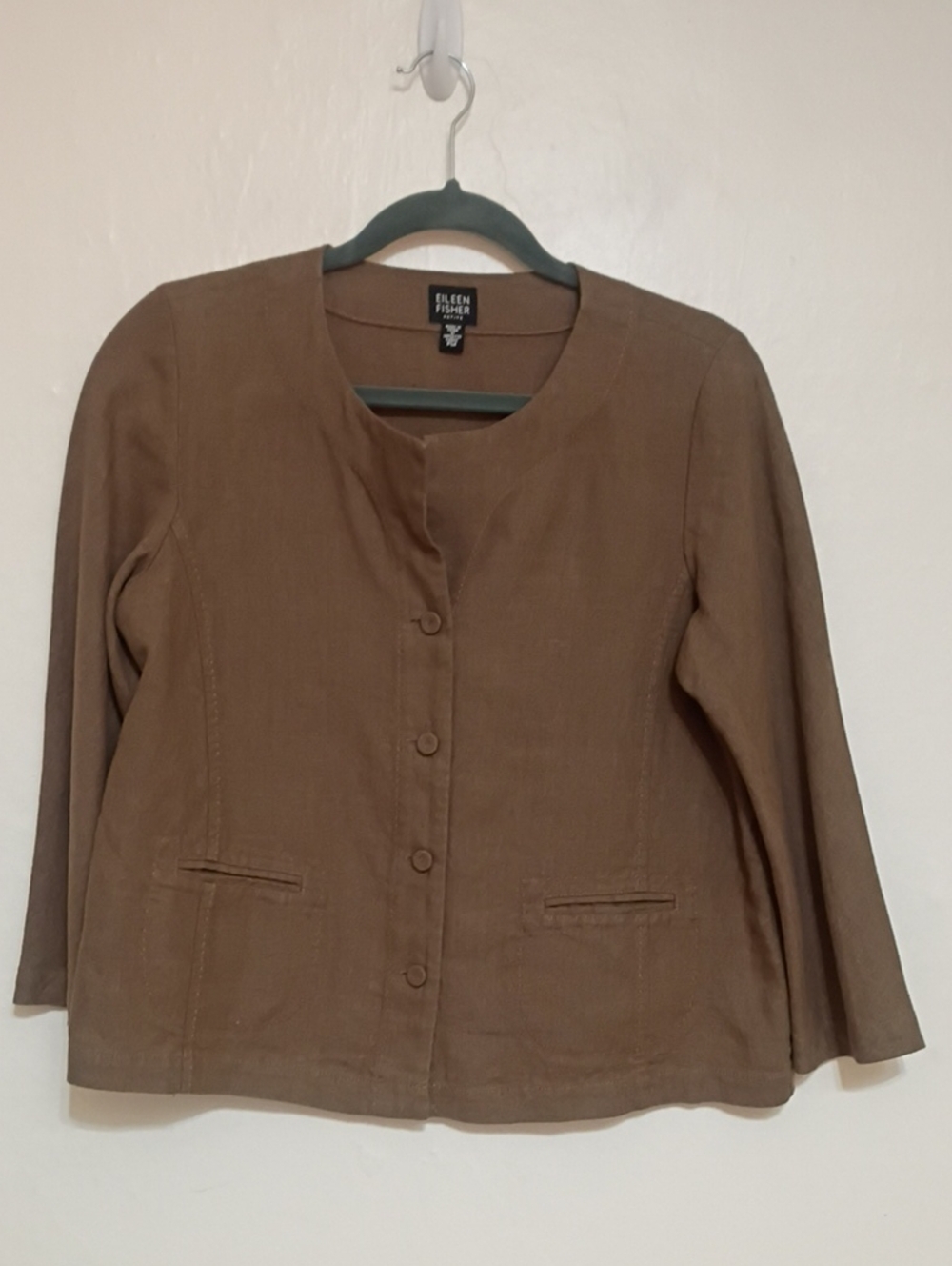Eileen Fisher Brown Irish Linen Button Front Collarless Jacket Size PM